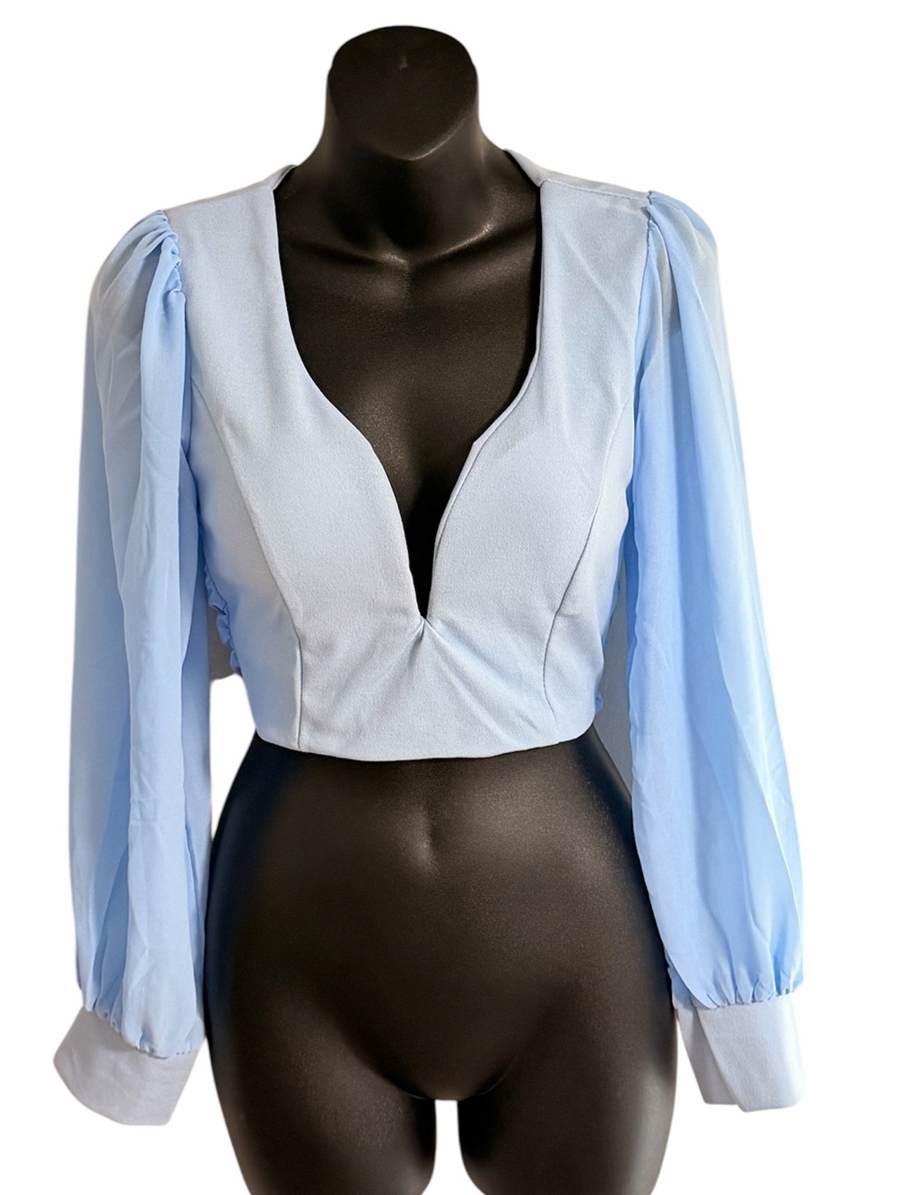 Blue sheer long sleeve corset v neck crop top NWT Made in Italy